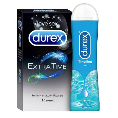 Durex Extra Time Condoms for Men - 10 Count with Durex Lube Tingling Lubricant Gel for Men & Women